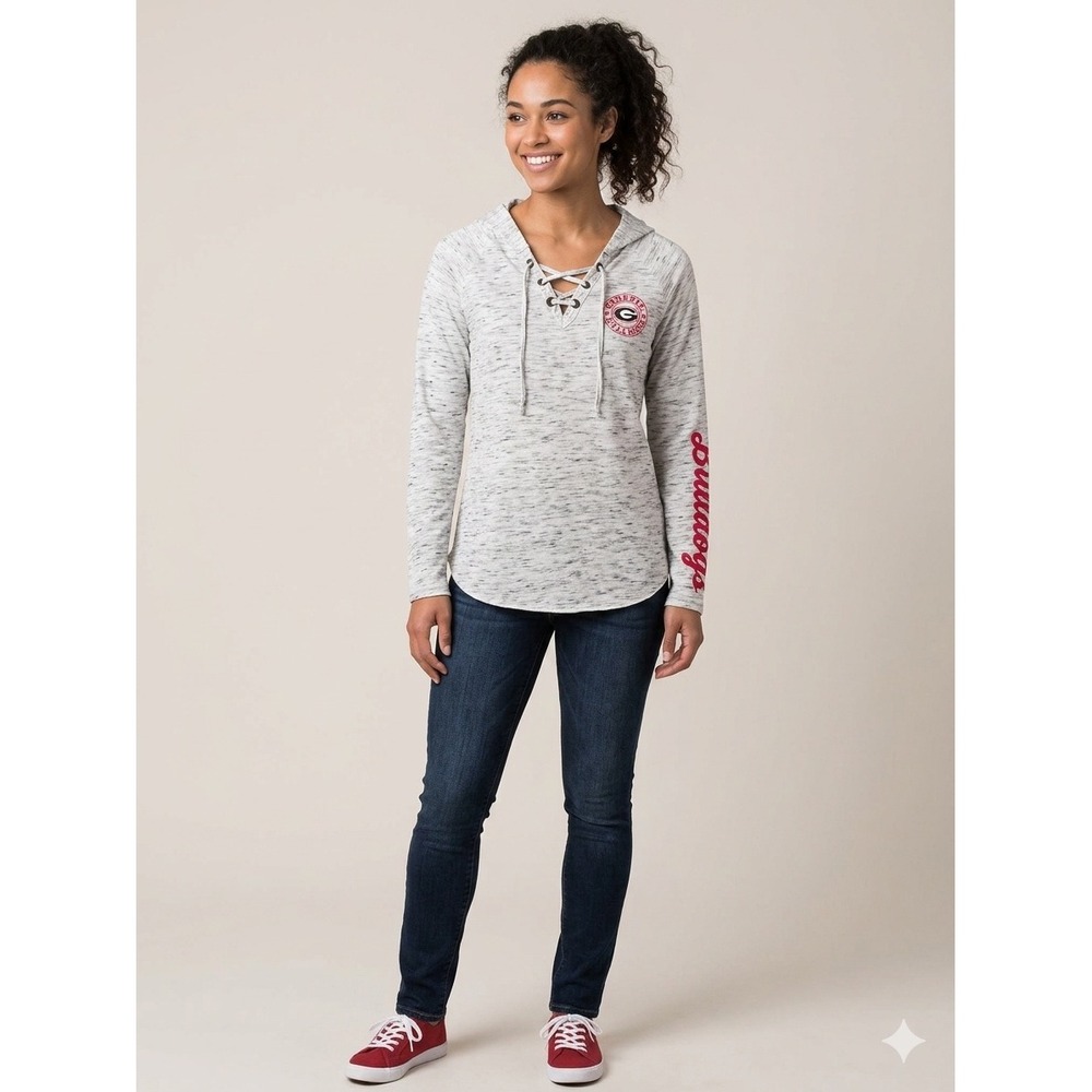 Pressbox Georgia Bulldogs Womens Medium Lace Up Hoodie Space Dye Grey Pullover